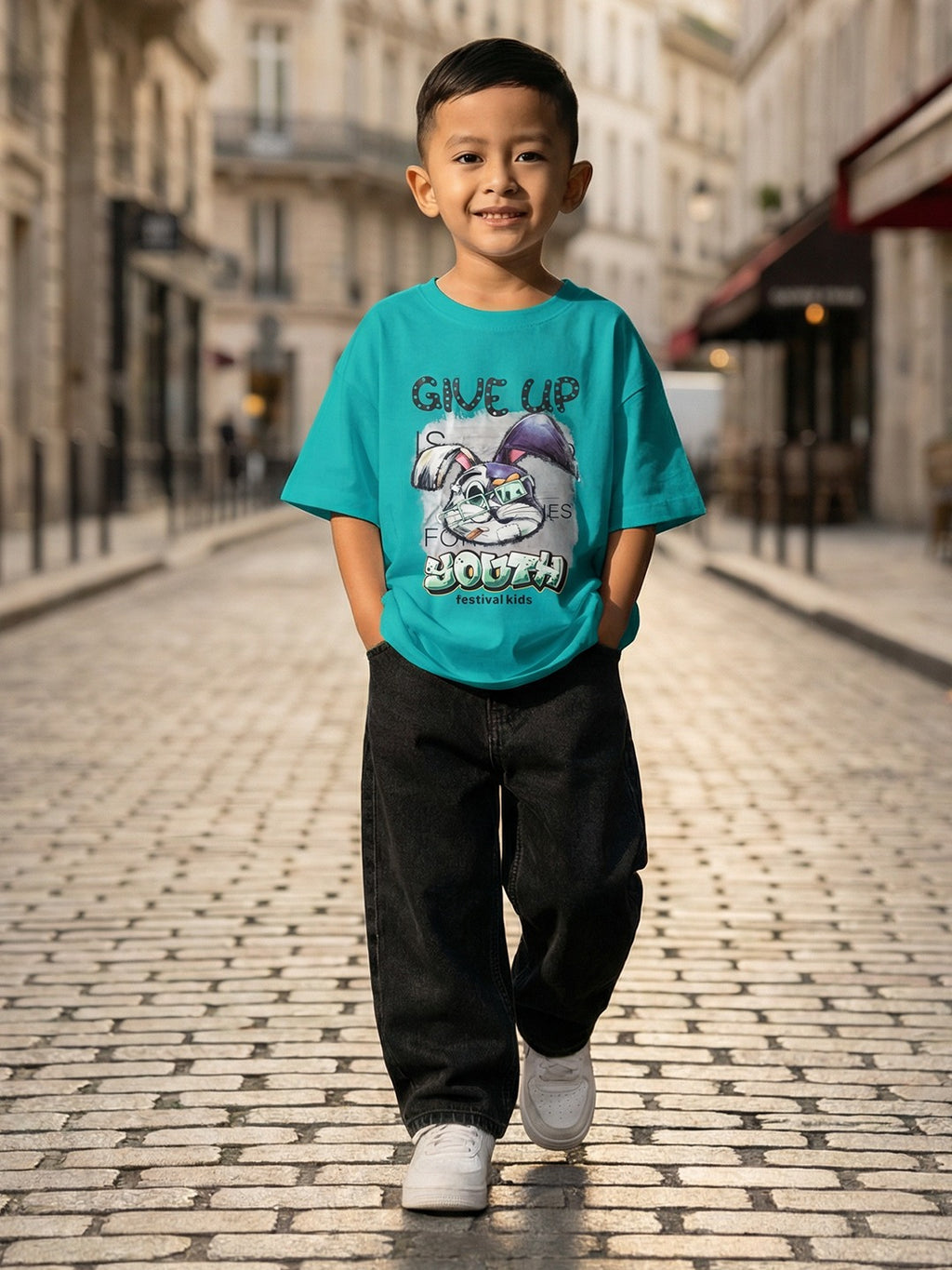 CODEZ Boys Teal Green Graphic Print Relaxed Fit Drop Shoulder T-Shirt