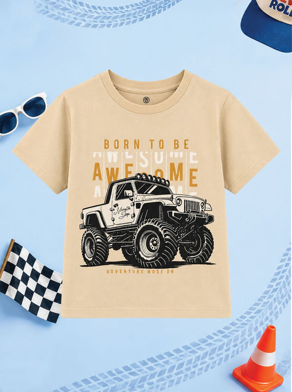 CODEZ Boys Beige Pure Cotton Born To Be Awesome Graphic Relaxed Fit T-Shirt