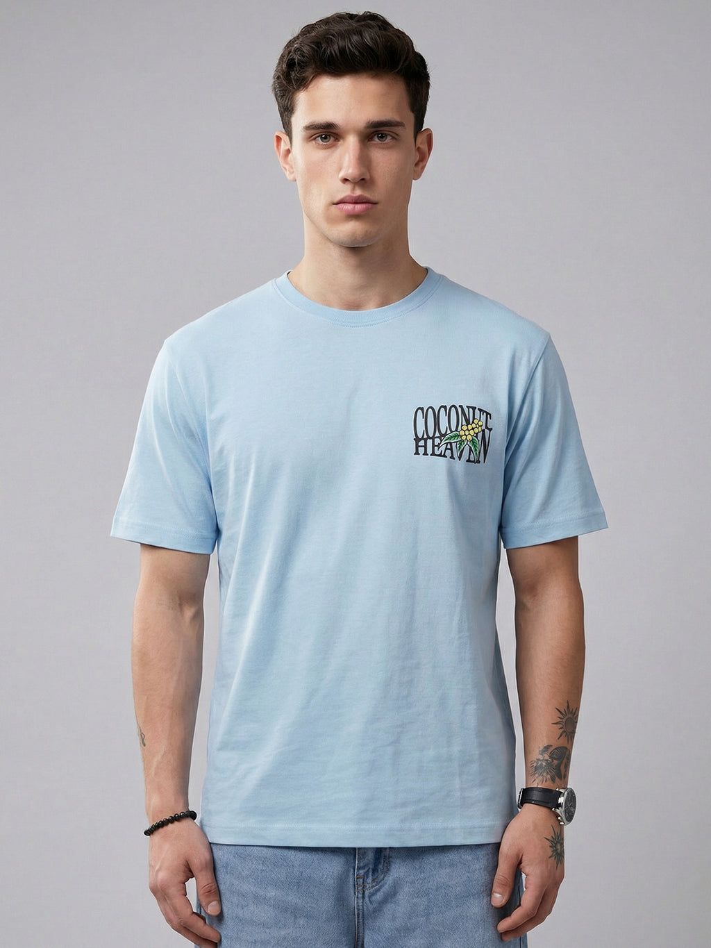 ARDEUR Men Printed Relaxed Fit Drop Shoulder T-Shirt - Sky Blue