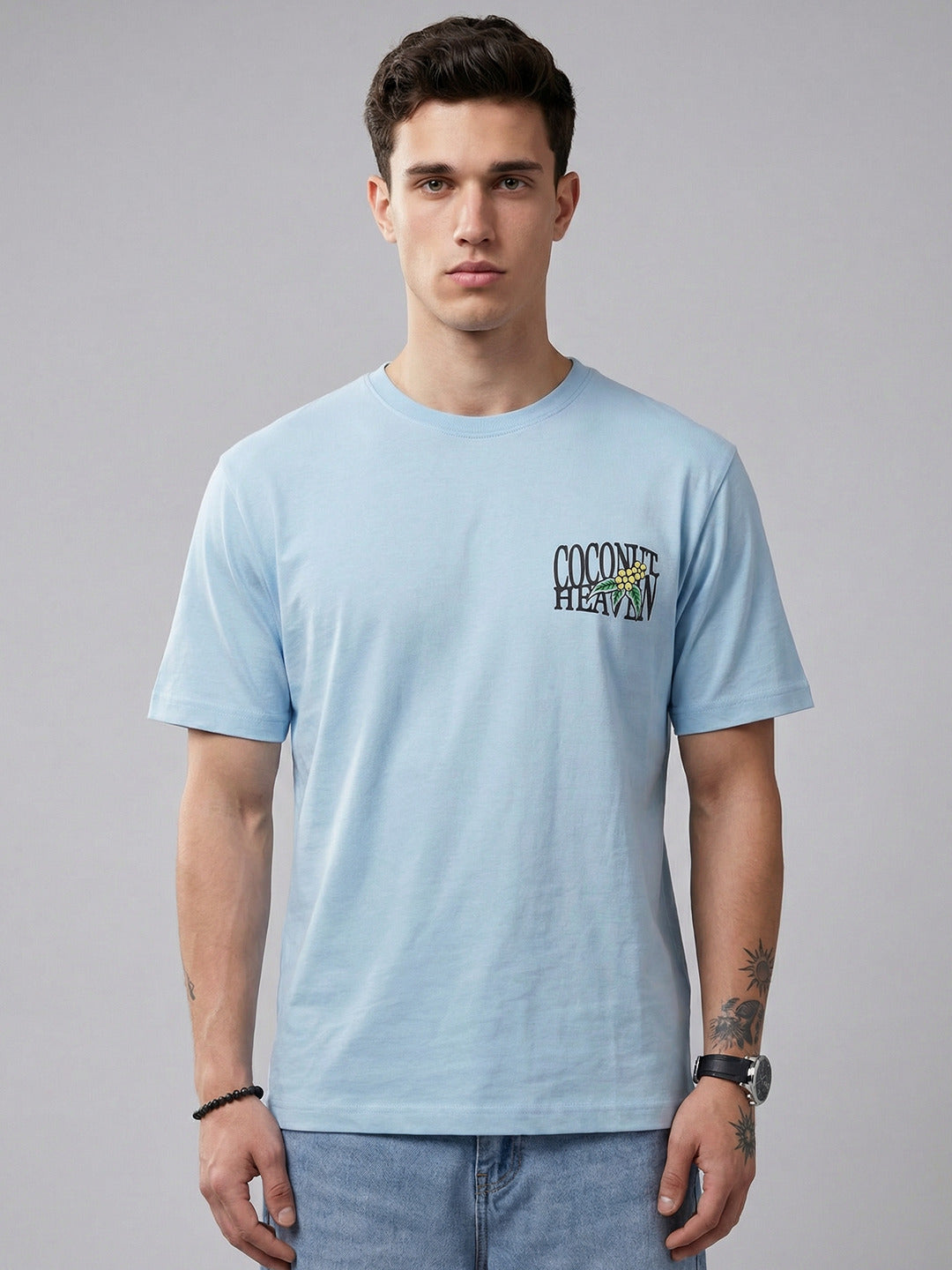 ARDEUR Men Printed Relaxed Fit Drop Shoulder T-Shirt - Sky Blue