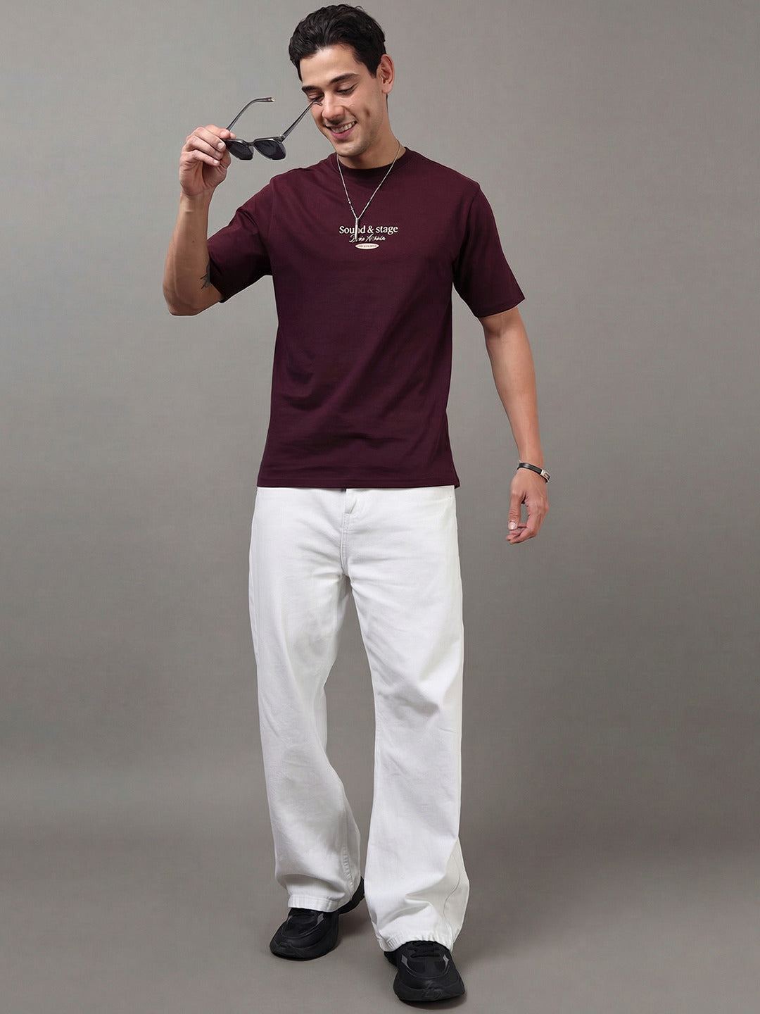 ARDEUR Men Graphic Printed Relaxed Fit Drop Shoulder T-Shirt - Maroon