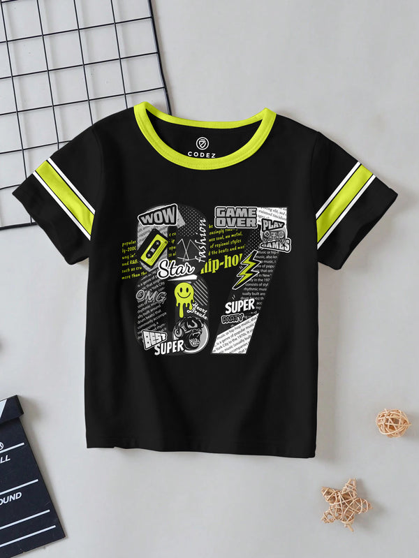 CODEZ Boys Black Round Neck Printed Tshirts