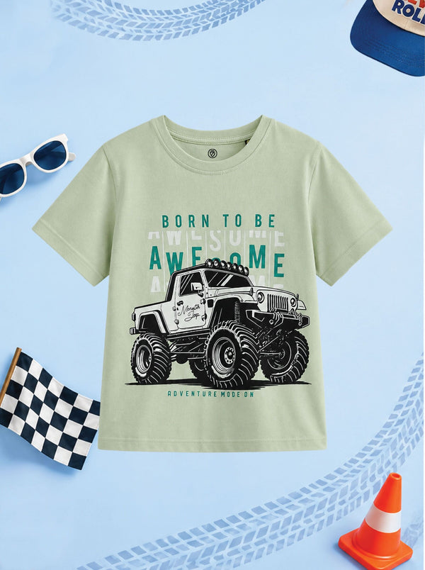 CODEZ Boys Fog Green Pure Cotton Born To Be Awesome Graphic Relaxed Fit T-Shirt
