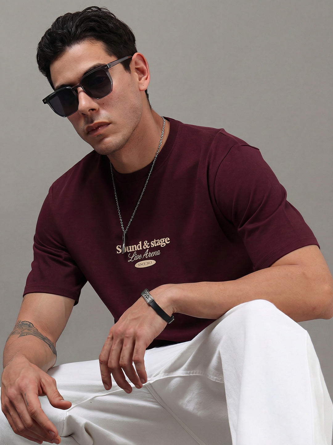 ARDEUR Men Graphic Printed Relaxed Fit Drop Shoulder T-Shirt - Maroon