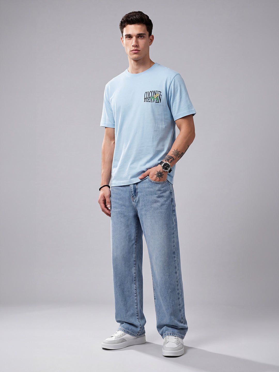 ARDEUR Men Printed Relaxed Fit Drop Shoulder T-Shirt - Sky Blue