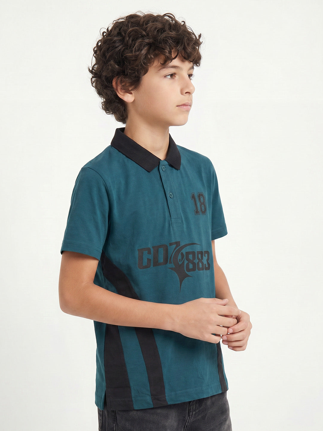 CODEZ Boys Teal Polo Neck Printed Relaxed Fit T-Shirt