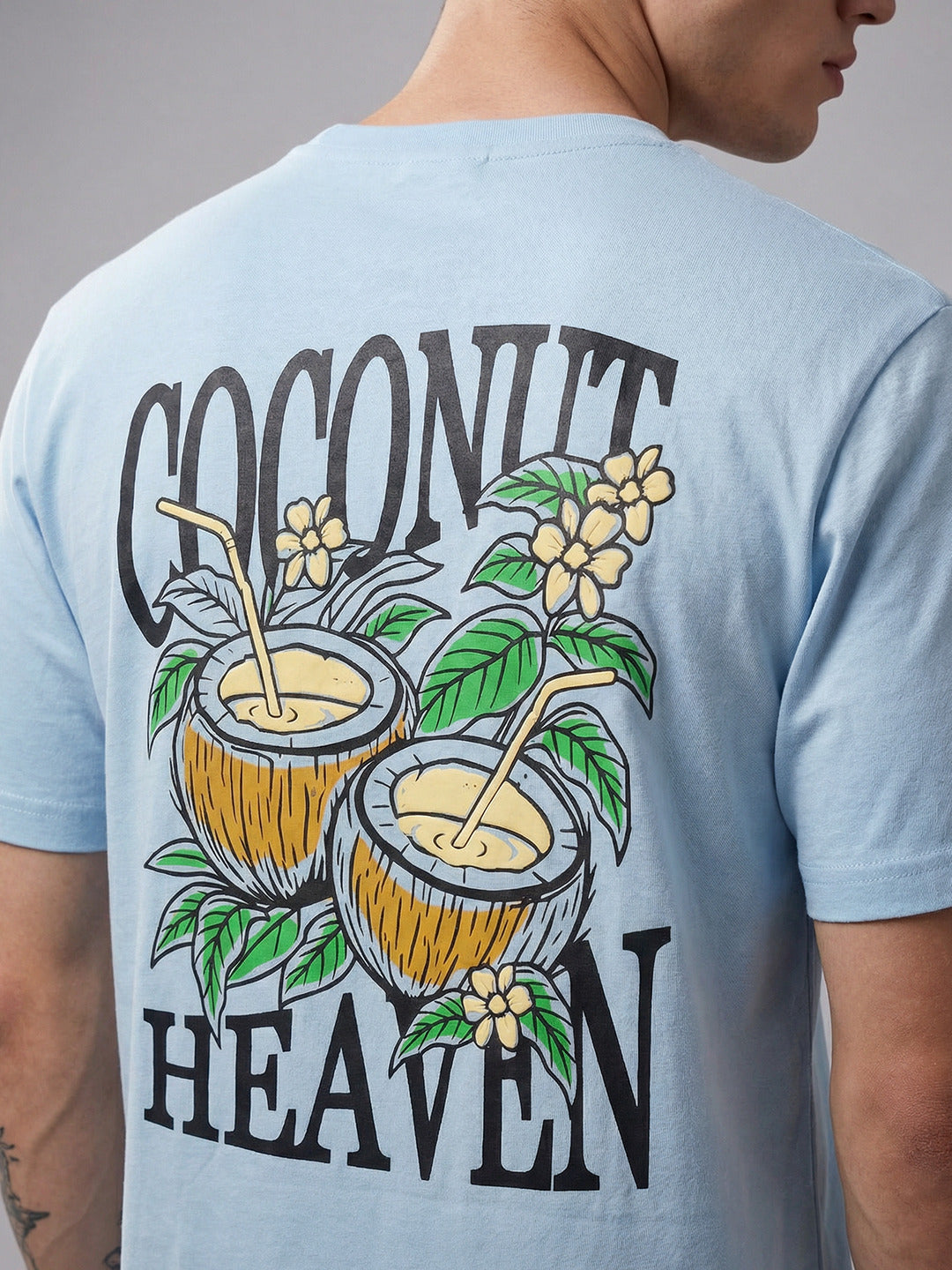 ARDEUR Men Printed Relaxed Fit Drop Shoulder T-Shirt - Sky Blue