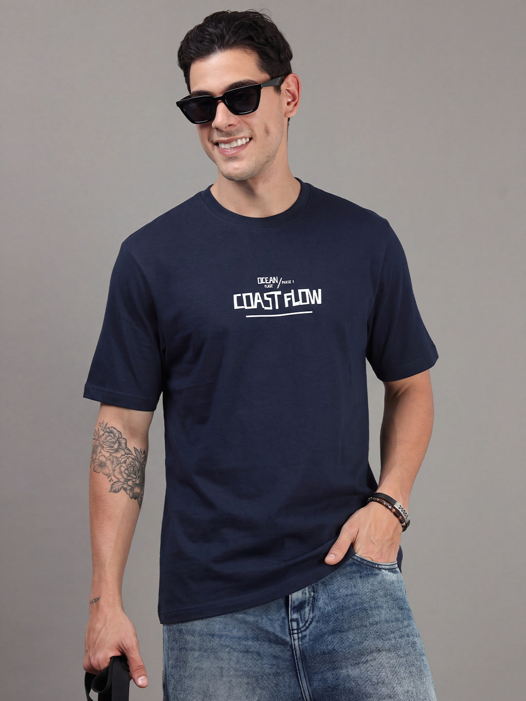 ARDEUR Men Printed Relaxed Fit Drop Shoulder T-Shirt - Navy