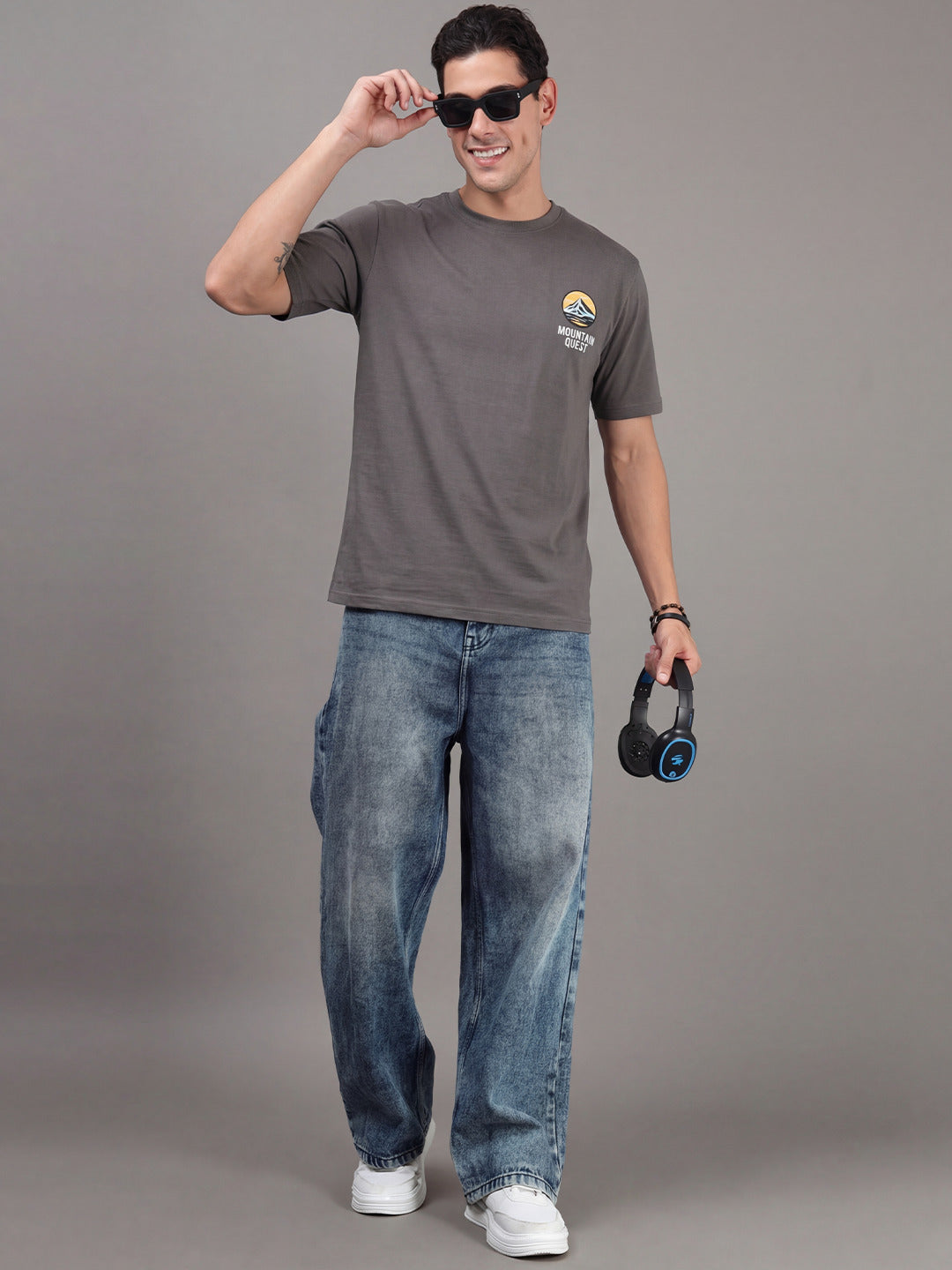 ARDEUR Men Printed Relaxed Fit Drop Shoulder T-Shirt - Grey