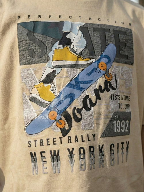 CODEZ Boys Light Yellow Graphic Print Relaxed Fit Drop Shoulder T-Shirt