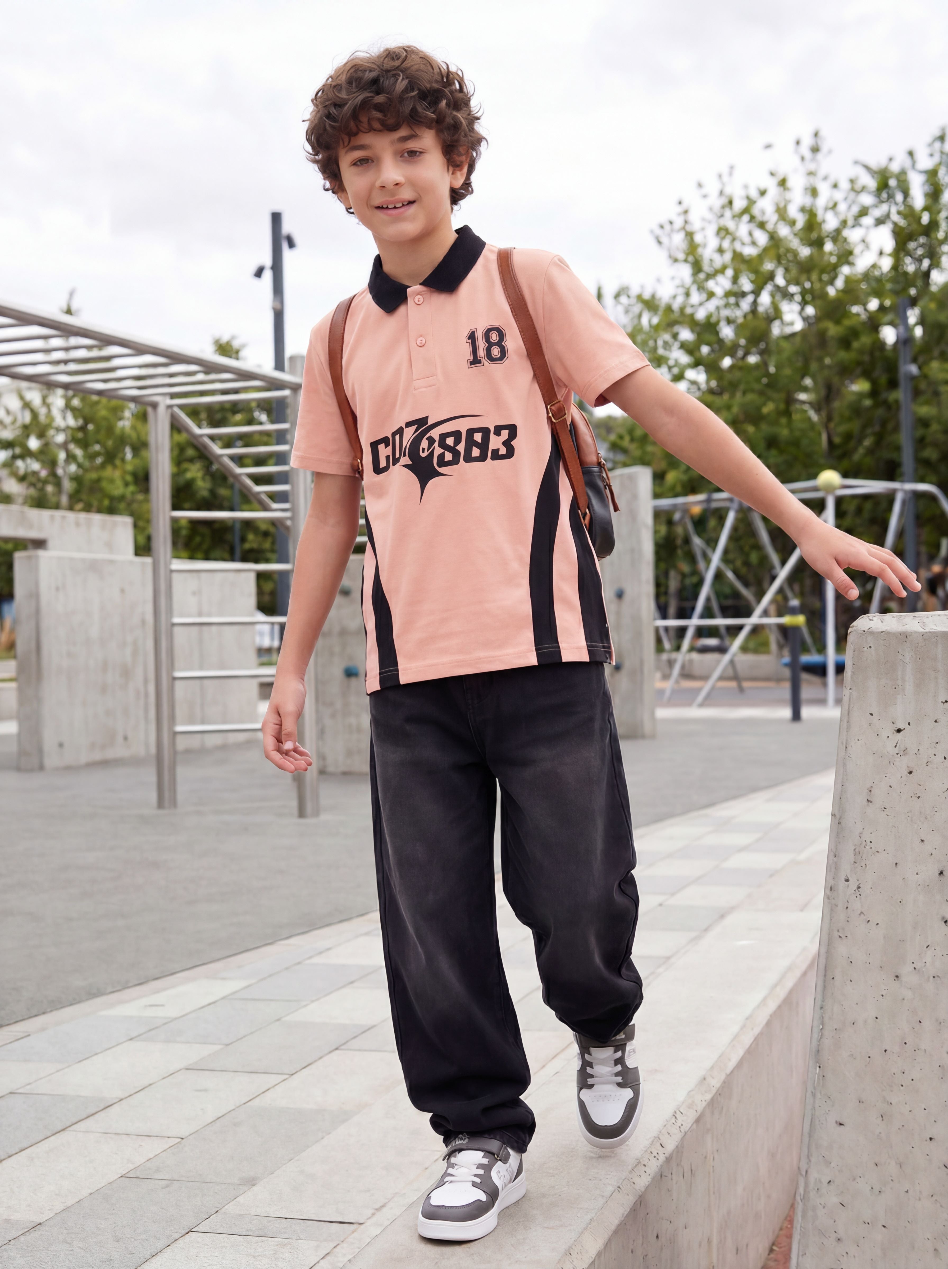 CODEZ Boys Pop Pink Polo Neck Printed Relaxed Fit T-Shirt