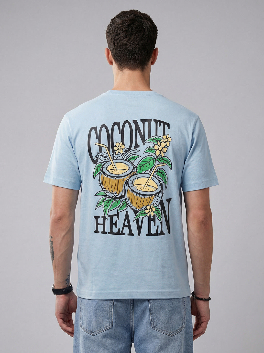 ARDEUR Men Printed Relaxed Fit Drop Shoulder T-Shirt - Sky Blue