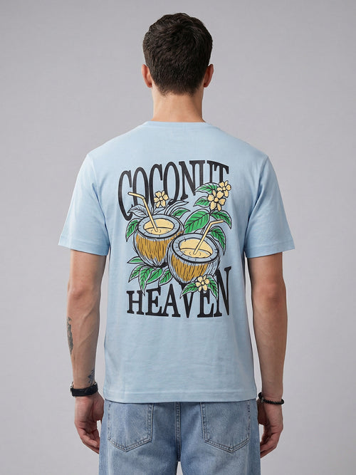 ARDEUR Men Printed Relaxed Fit Drop Shoulder T-Shirt - Sky Blue