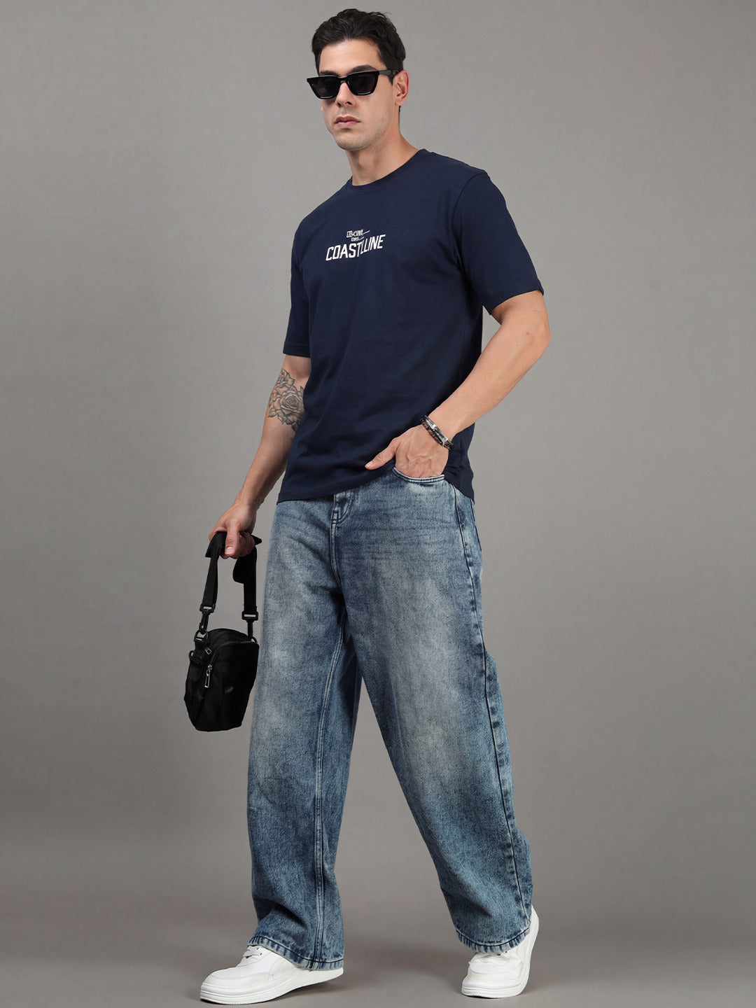 ARDEUR Men Printed Relaxed Fit Drop Shoulder T-Shirt - Navy