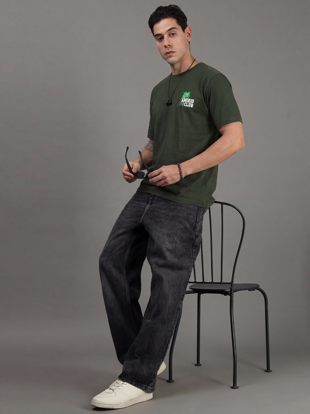 ARDEUR Men Printed Relaxed Fit Drop Shoulder T-Shirt - Bottle Green