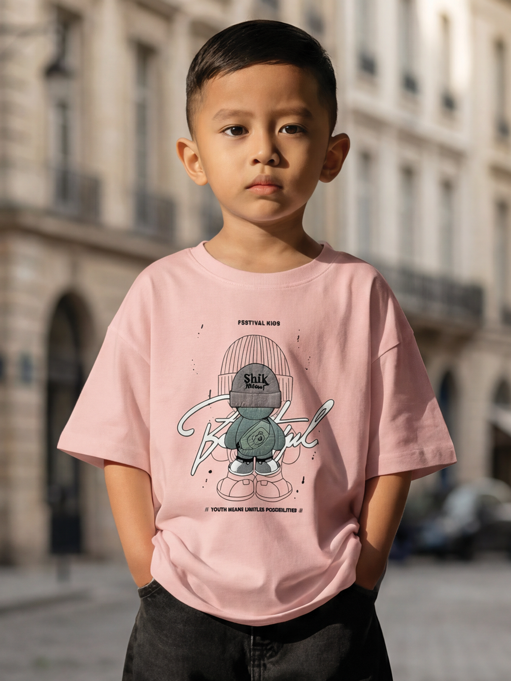 CODEZ Boys Peach Graphic Print Relaxed Fit Drop Shoulder T-Shirt