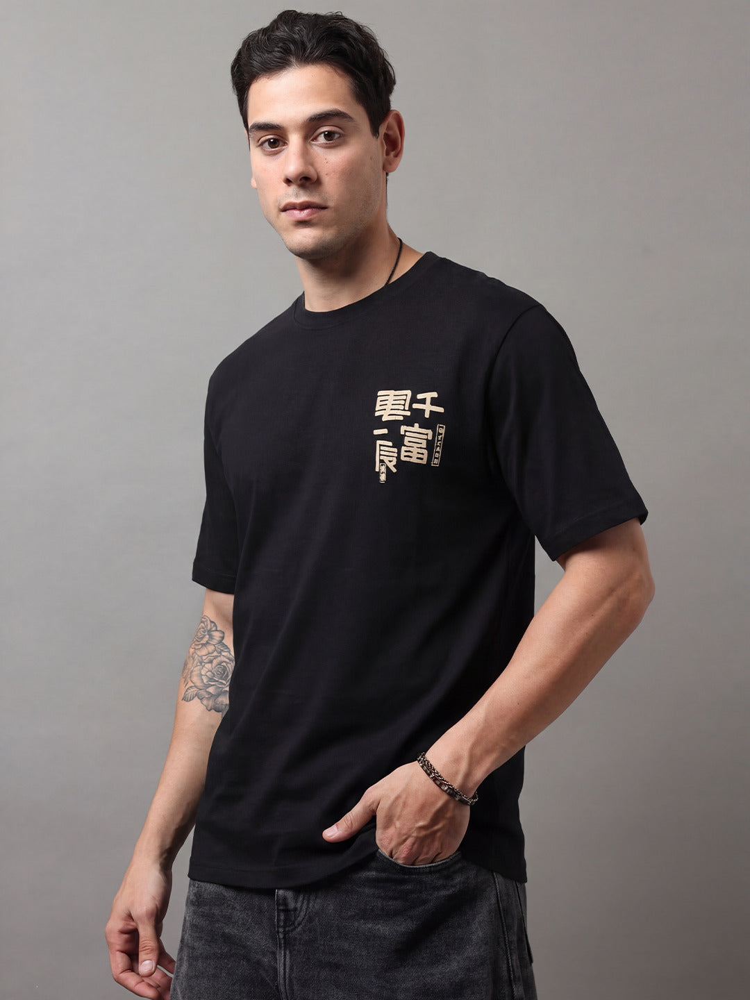 ARDEUR Men Graphic Printed Relaxed Fit Drop Shoulder T-Shirt - Black