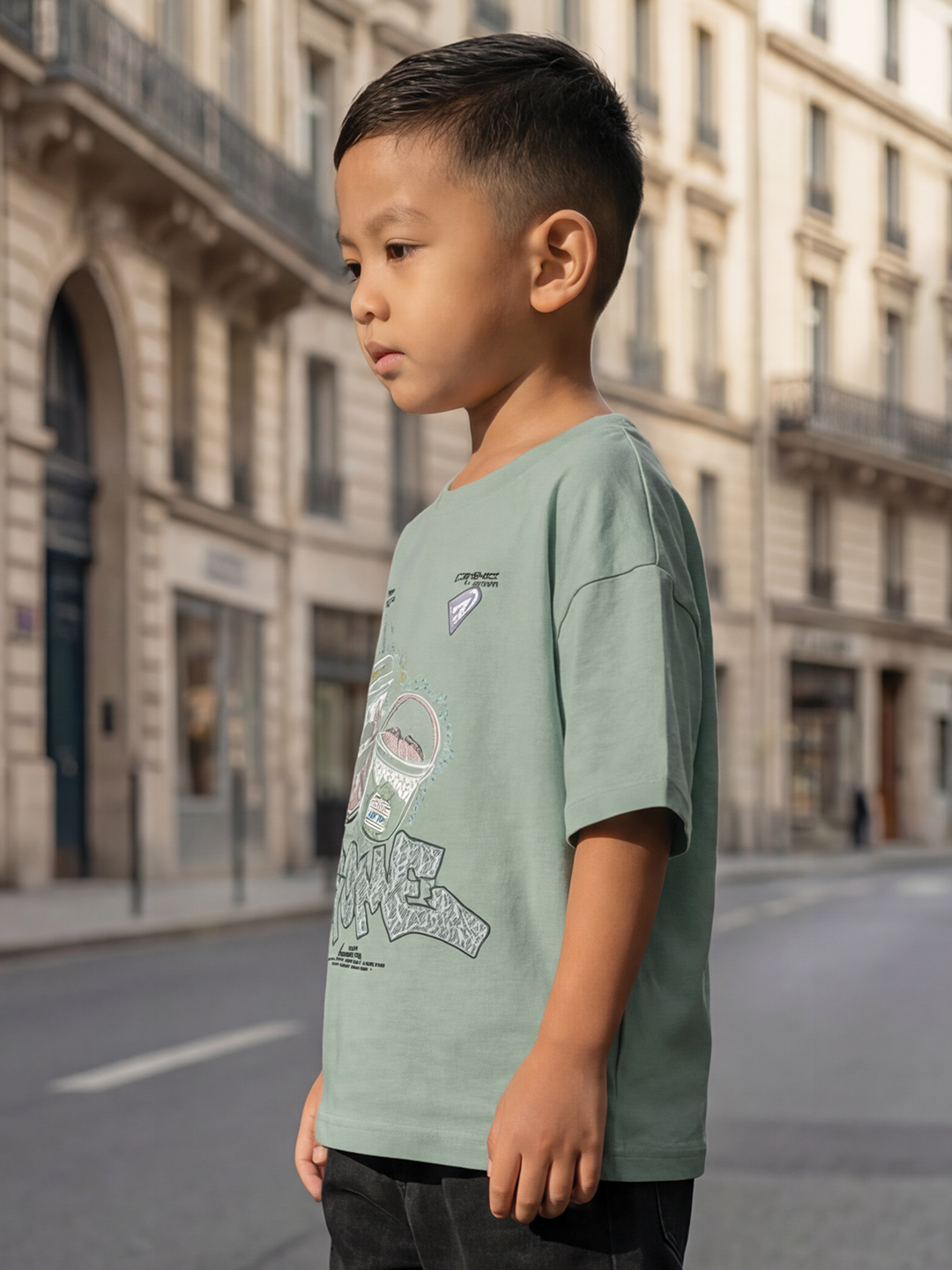 CODEZ Boys Pista Green Graphic Print Relaxed Fit Drop Shoulder T-Shirt