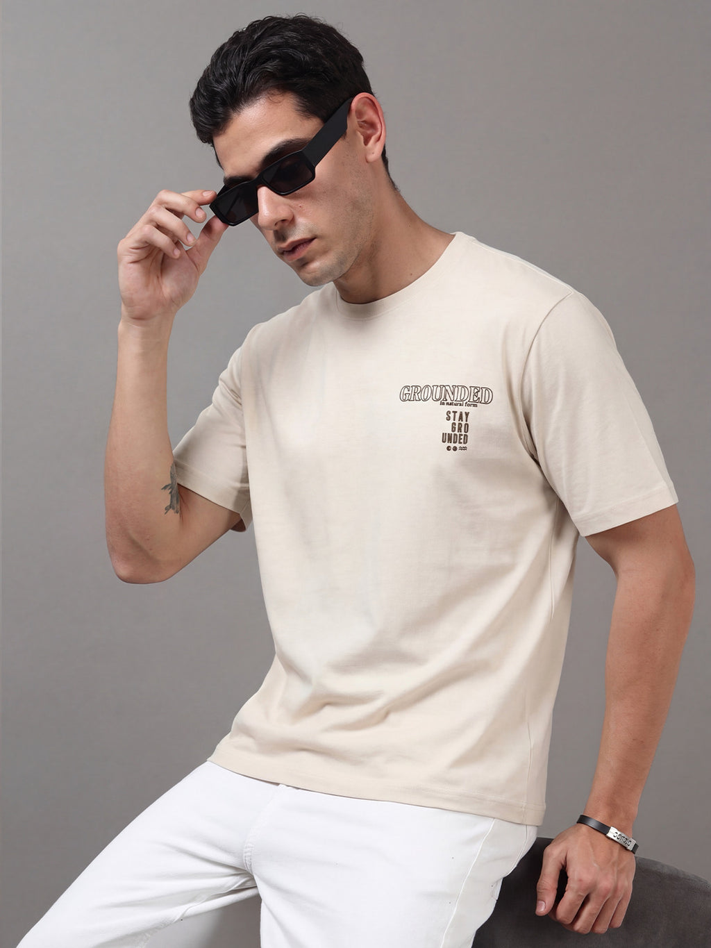 ARDEUR Men Printed Relaxed Fit Drop Shoulder T-Shirt - Off White-3