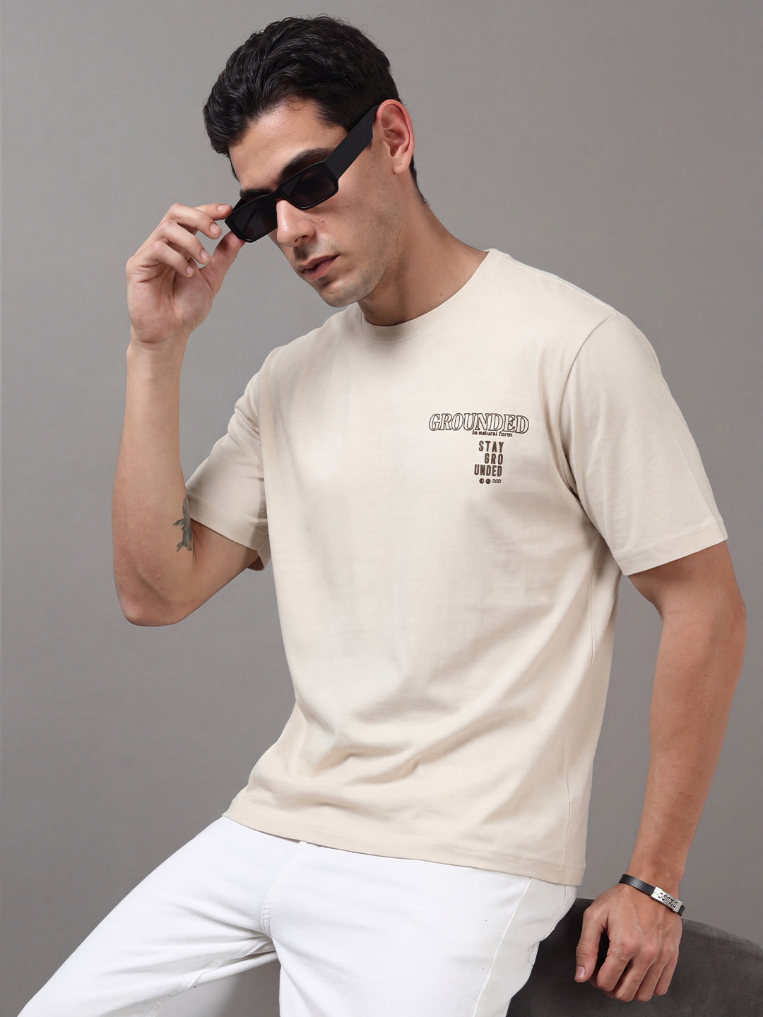 ARDEUR Men Printed Relaxed Fit Drop Shoulder T-Shirt - Off White-3