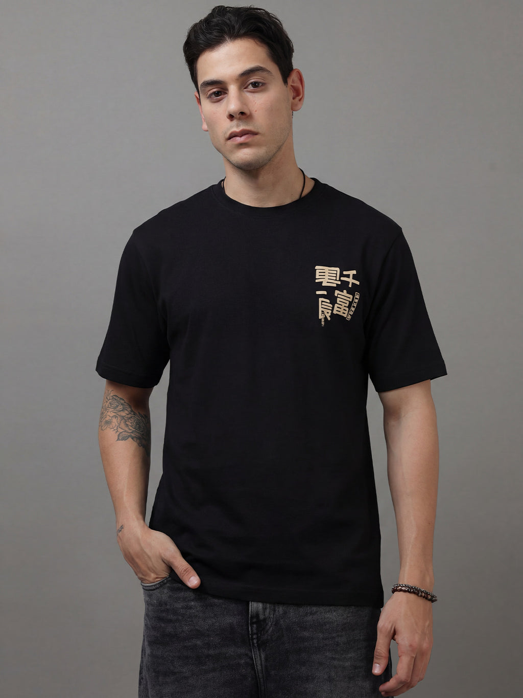 ARDEUR Men Graphic Printed Relaxed Fit Drop Shoulder T-Shirt - Black