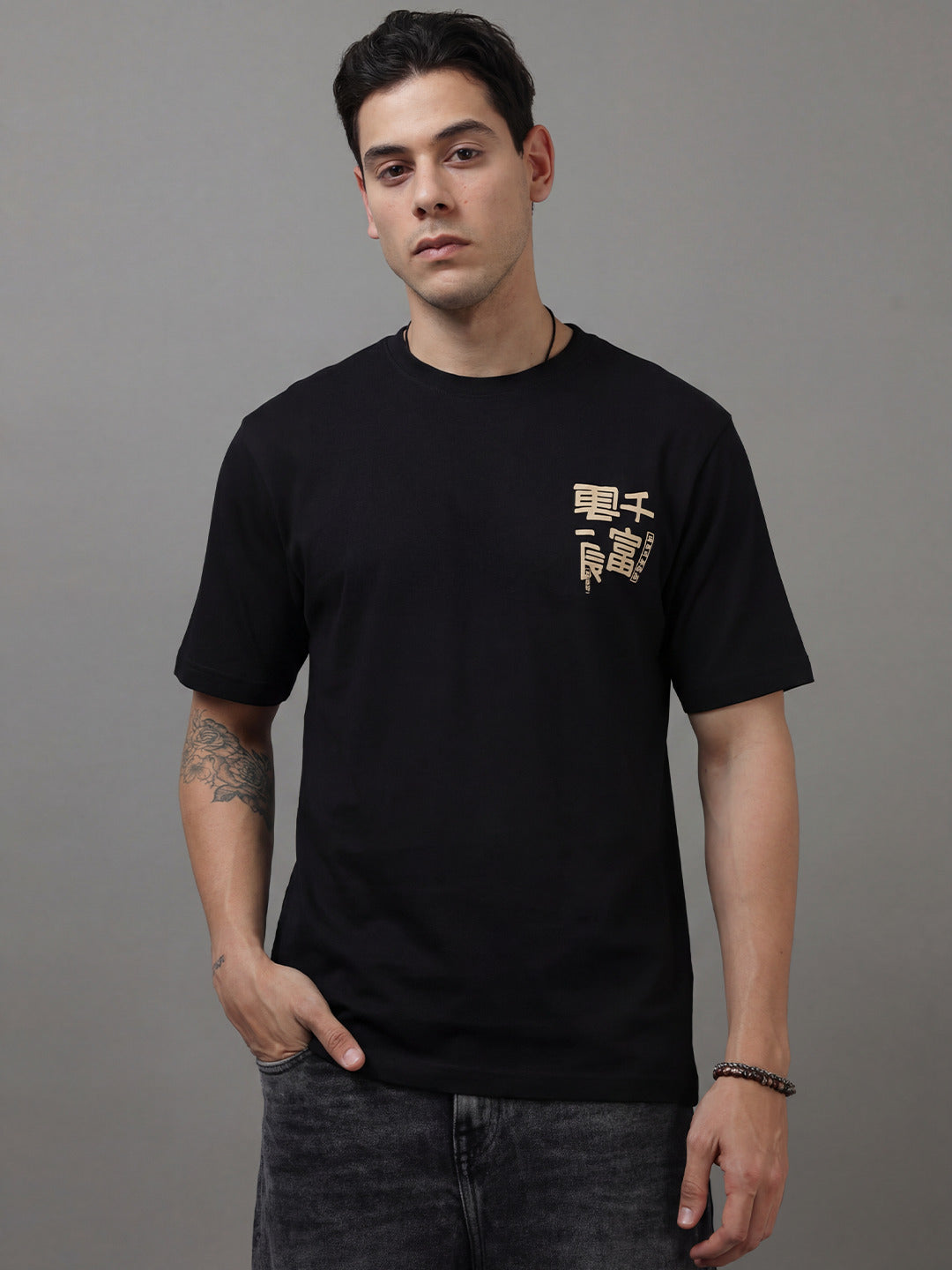 ARDEUR Men Graphic Printed Relaxed Fit Drop Shoulder T-Shirt - Black