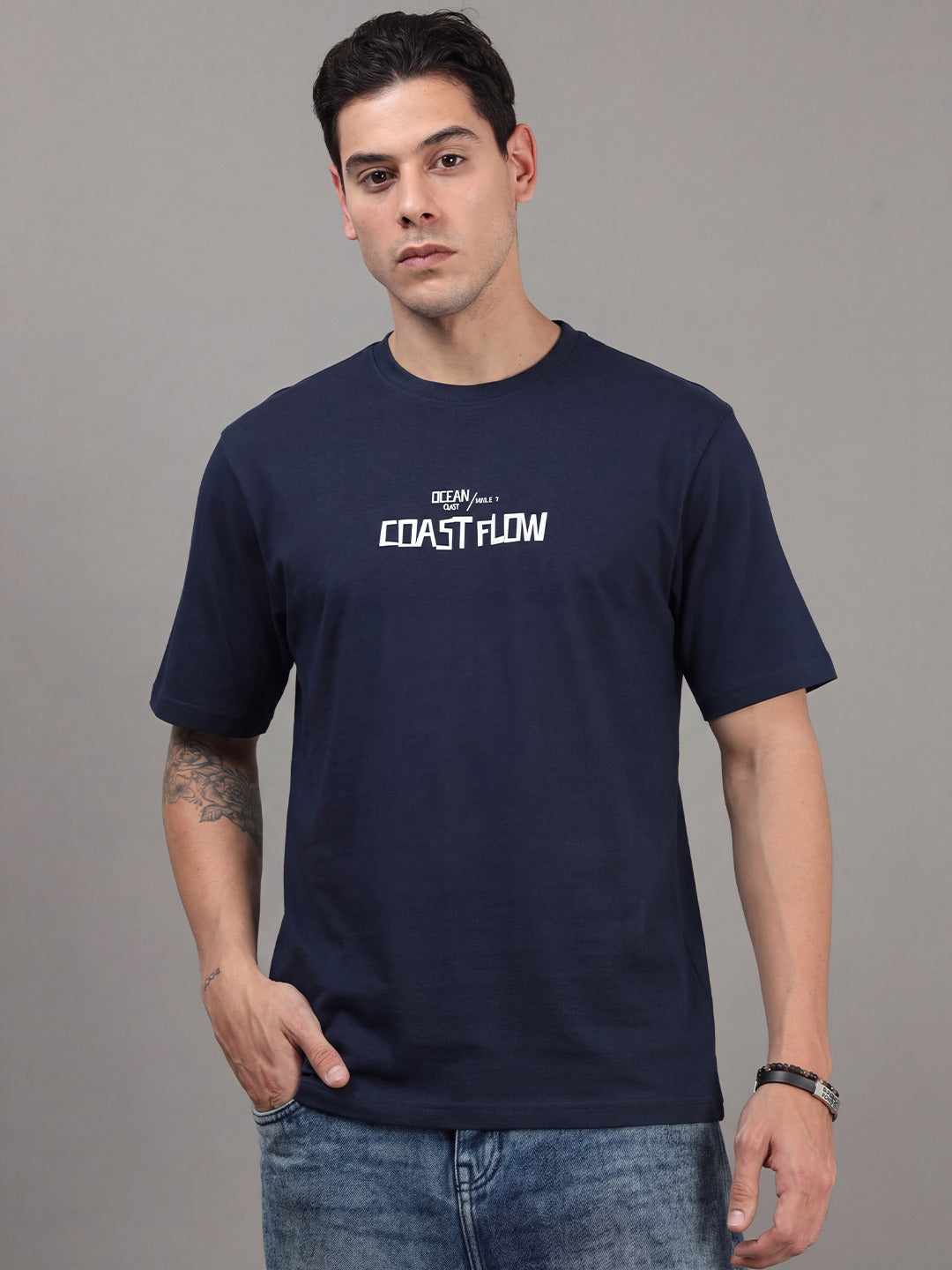ARDEUR Men Printed Relaxed Fit Drop Shoulder T-Shirt - Navy