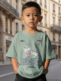CODEZ Boys Pista Green Graphic Print Relaxed Fit Drop Shoulder T-Shirt