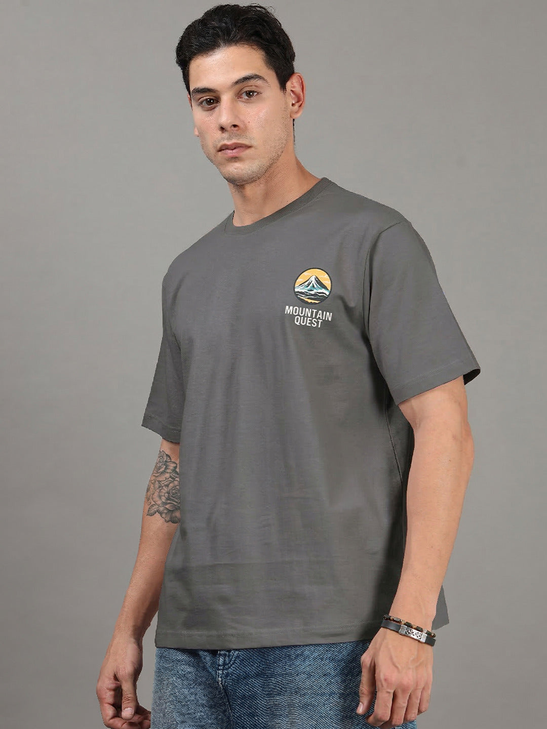 ARDEUR Men Printed Relaxed Fit Drop Shoulder T-Shirt - Grey